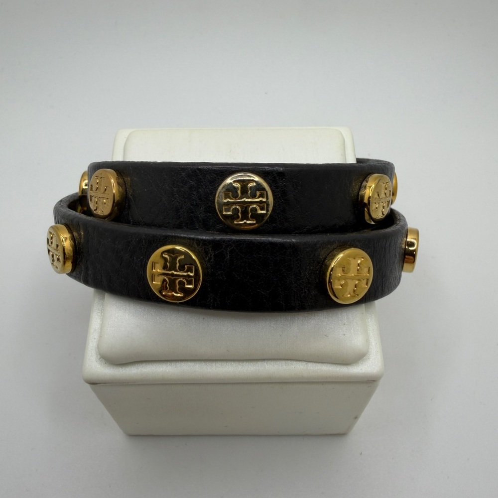 Tory Burch black leather and gold tone studded double wrap bracelet! - Picture 5 of 11